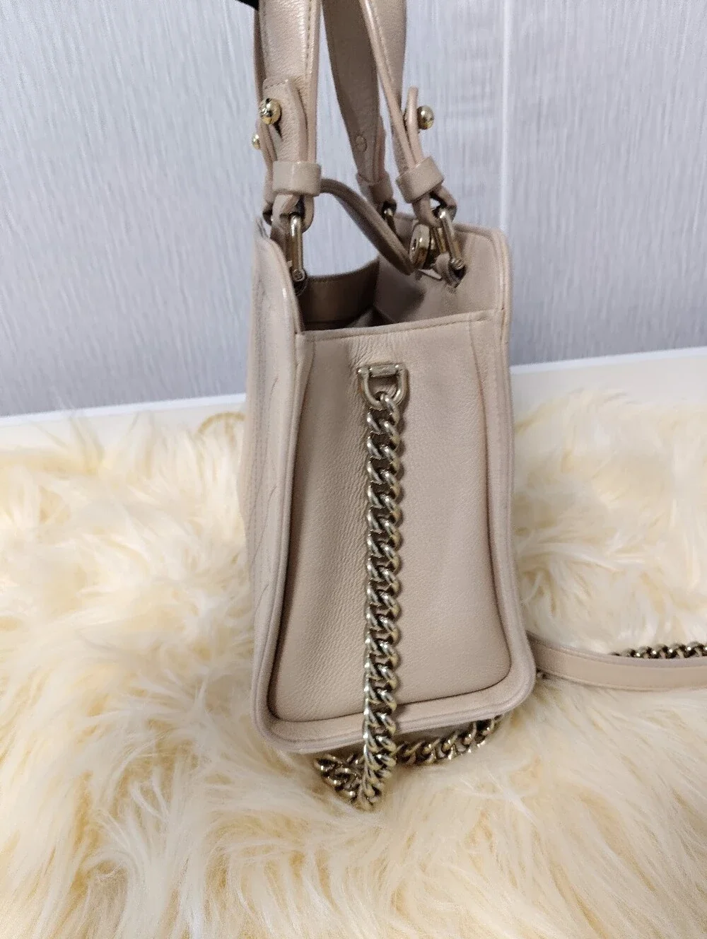 CHANEL Pink-Beige Quilted Leather Satchel with Chain Strap - Picture 12 of 13